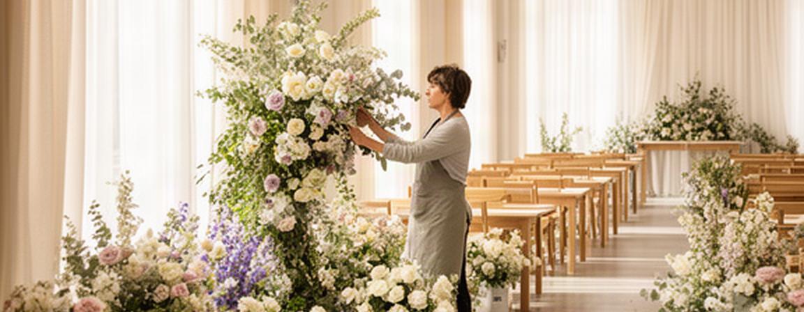 Tharakan Truchet sistema fiori per un allestimento di evento in una sala luminosa