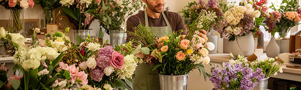 Fiorista al lavoro in un laboratorio di Atri con secchi di fiori freschi e composizioni pronte