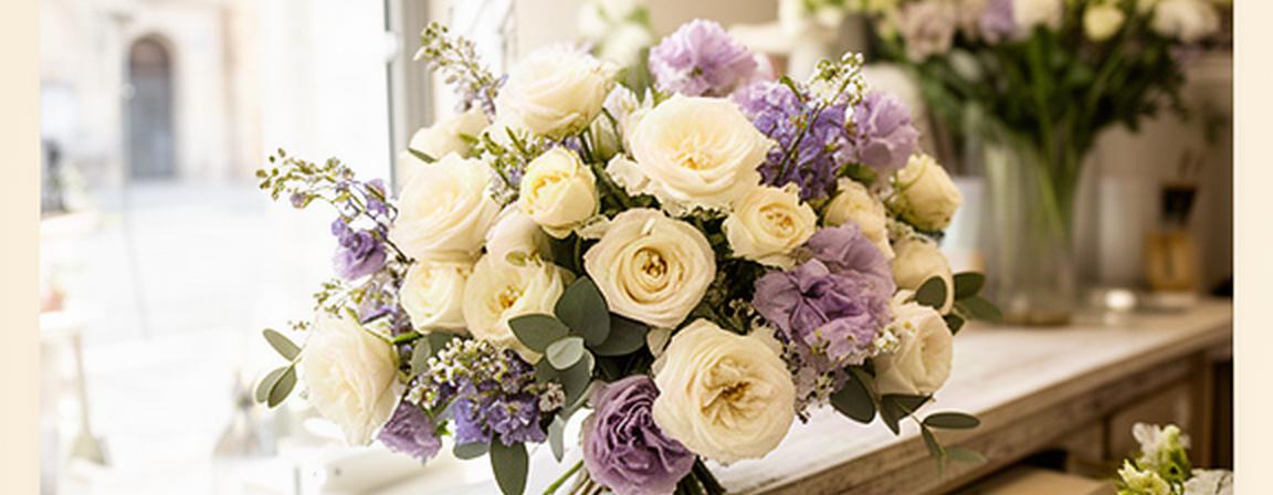 Composizione di fiori freschi in tonalità crema e lilla su un banco luminoso ad Atri